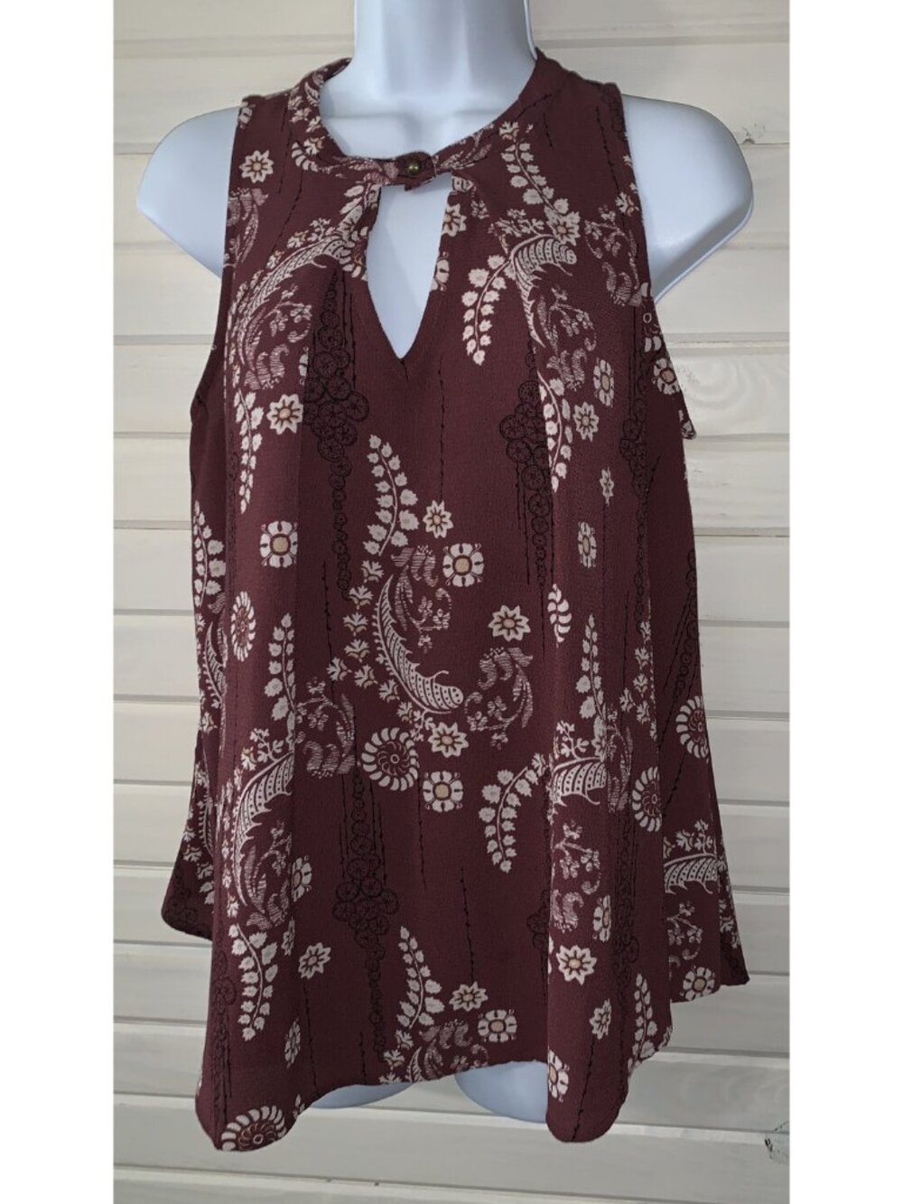 KNOX ROSE Sz SMALL Burgundy Floral Bandana Print Keyhole Blouse Boho A-Line EUC